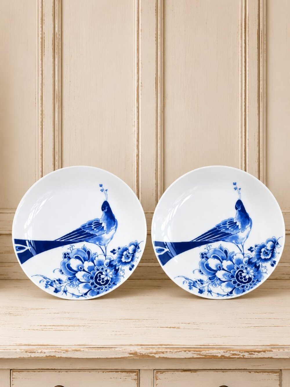 Pair of Royal Delft Peacock Symphony Blue and White Delfware Plates